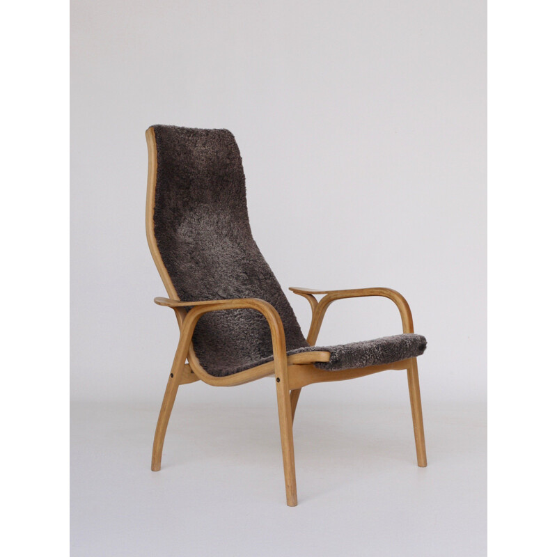 Fauteuil vintage Lamino en chêne clair et laine foncée par Yngve Ekström pour Swedese, 1960