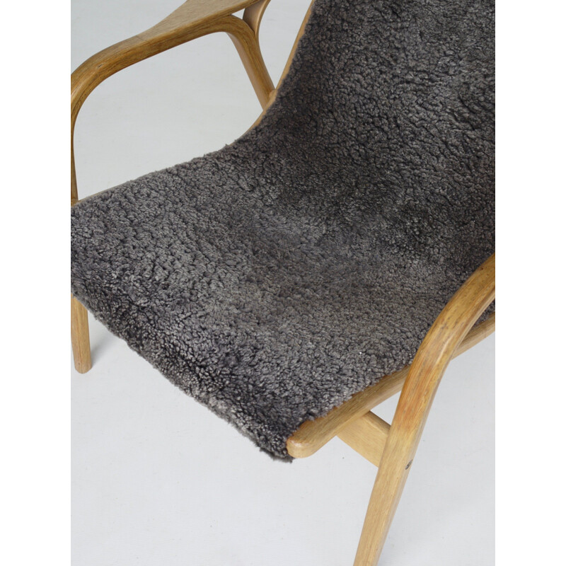 Fauteuil vintage Lamino en chêne clair et laine foncée par Yngve Ekström pour Swedese, 1960