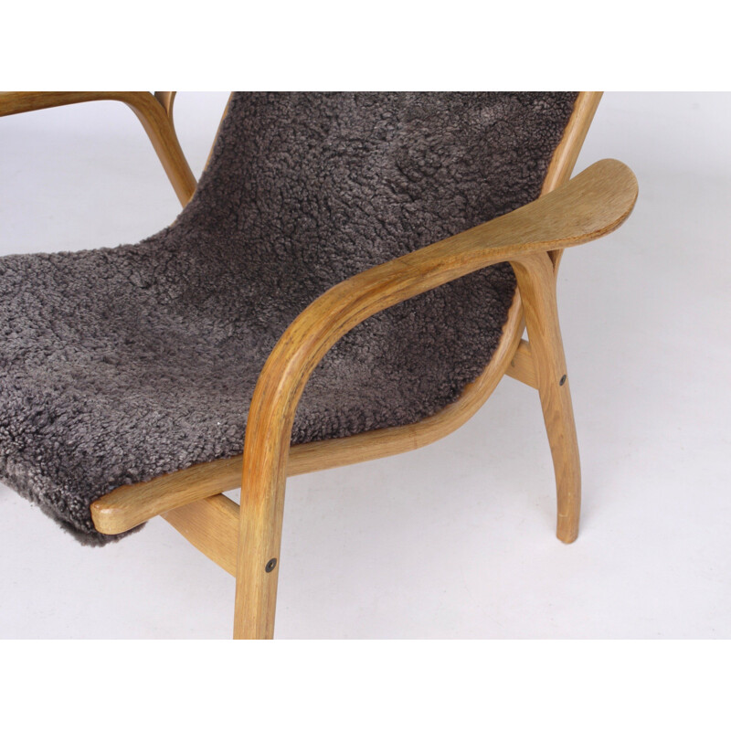 Vintage Lamino light oakwood and dark wool armchair by Yngve Ekström for Swedese, 1960s