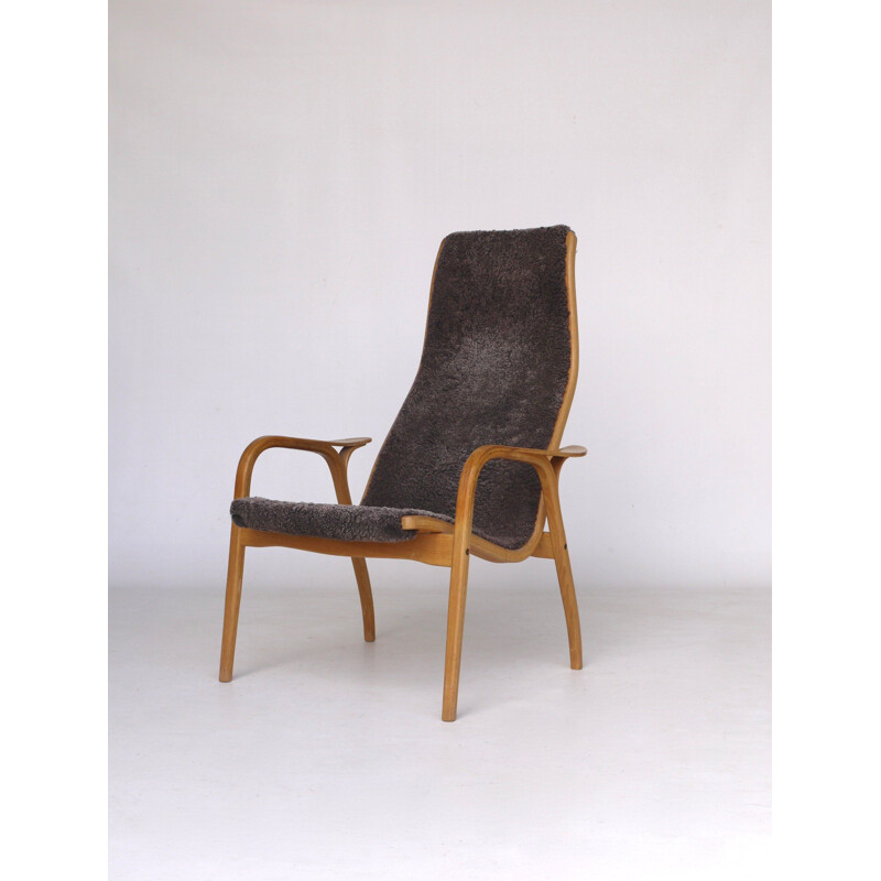 Fauteuil vintage Lamino en chêne clair et laine foncée par Yngve Ekström pour Swedese, 1960