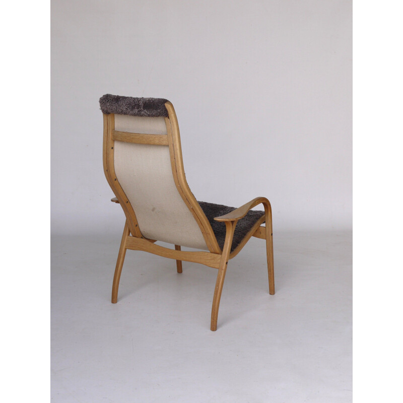 Fauteuil vintage Lamino en chêne clair et laine foncée par Yngve Ekström pour Swedese, 1960