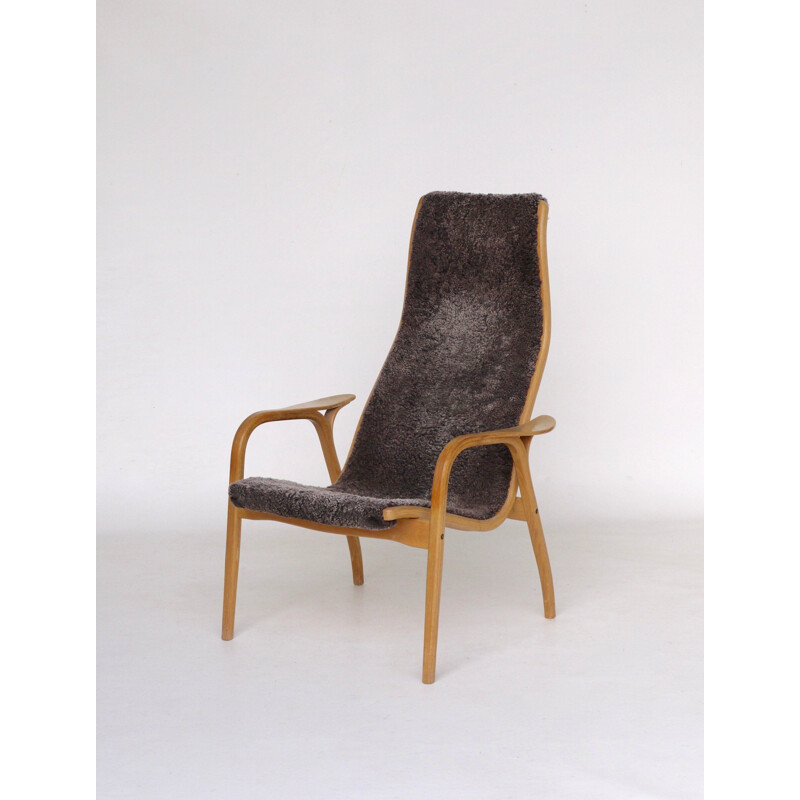 Fauteuil vintage Lamino en chêne clair et laine foncée par Yngve Ekström pour Swedese, 1960