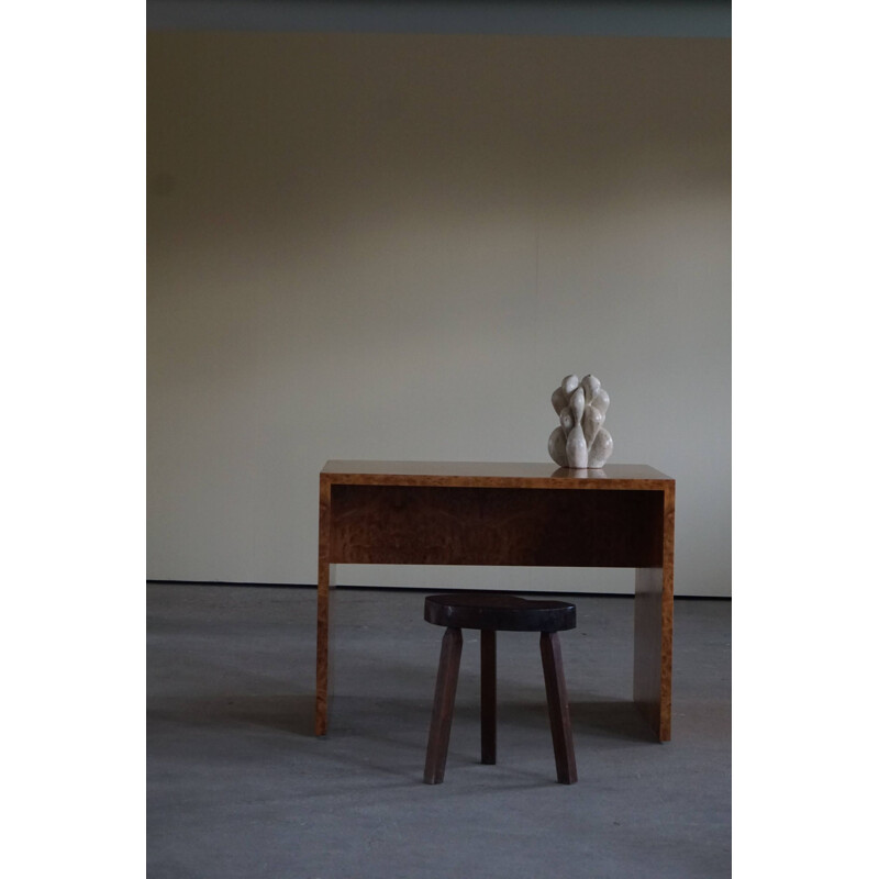 Vintage freestanding minimalist art deco desk in burl wood, France 1930s