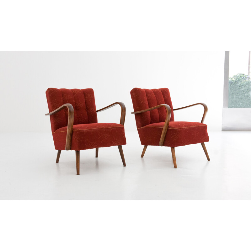Paire de fauteuils en tissu rouge - 1950