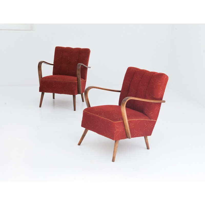 Paire de fauteuils en tissu rouge - 1950