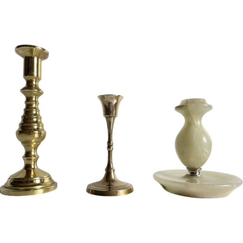 3 assorted vintage brass and onyx candlesticks, 1980s