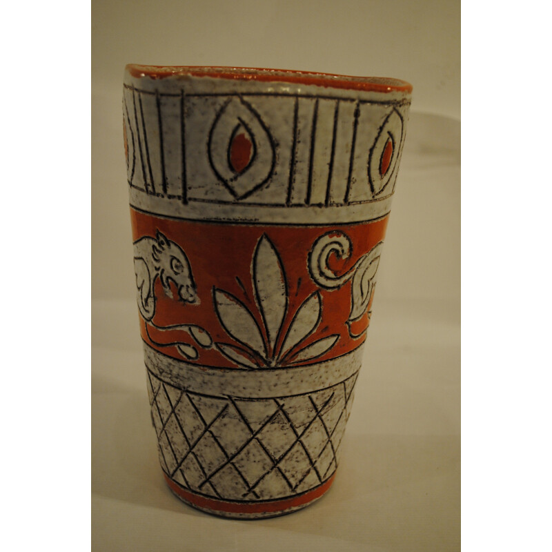 Vintage vaso de Sgrafitto laranja com leão de cerâmica, 1950