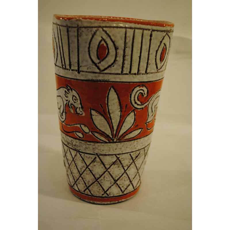 Orangefarbene Vintage Sgrafitto-Vase mit Löwe aus Keramik, 1950