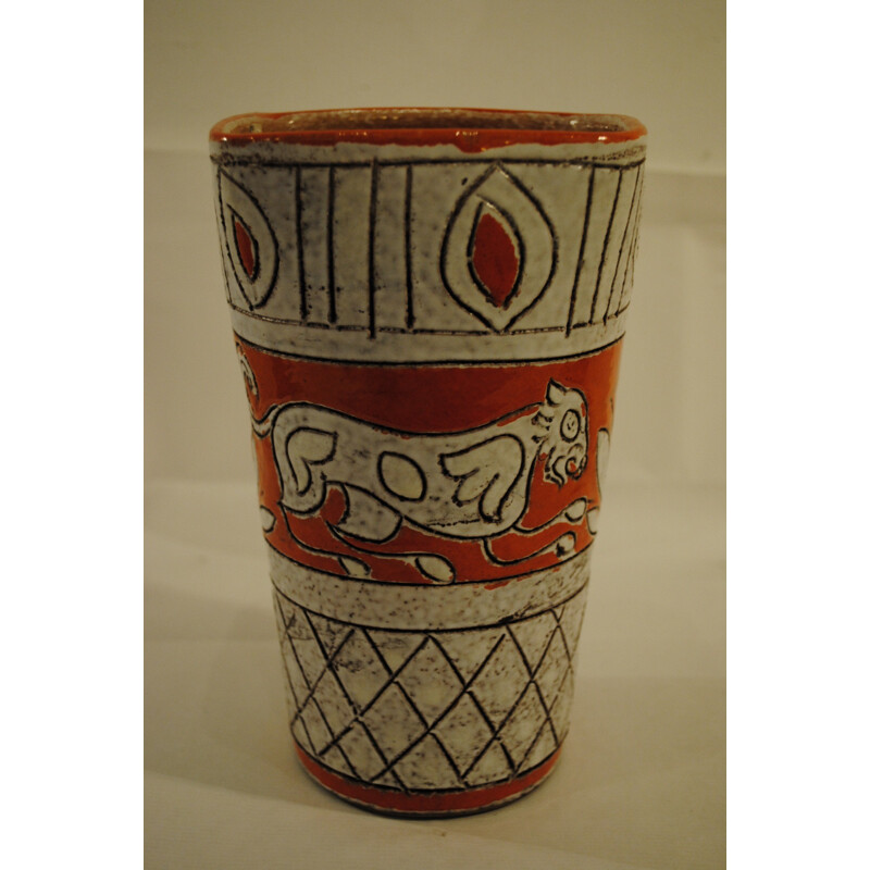 Orangefarbene Vintage Sgrafitto-Vase mit Löwe aus Keramik, 1950