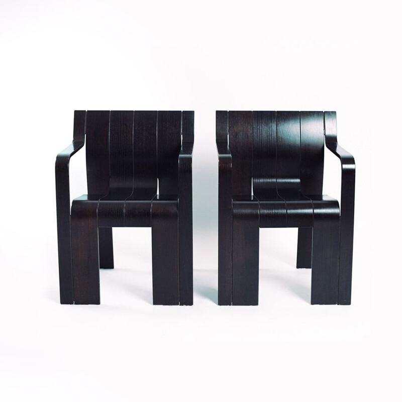 Pair of vintage brown black stackable armchairs by Gijs Bakker for Castelijn, 1961