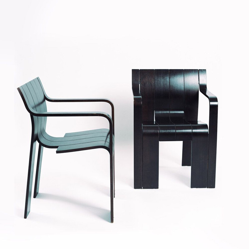Pair of vintage brown black stackable armchairs by Gijs Bakker for Castelijn, 1961