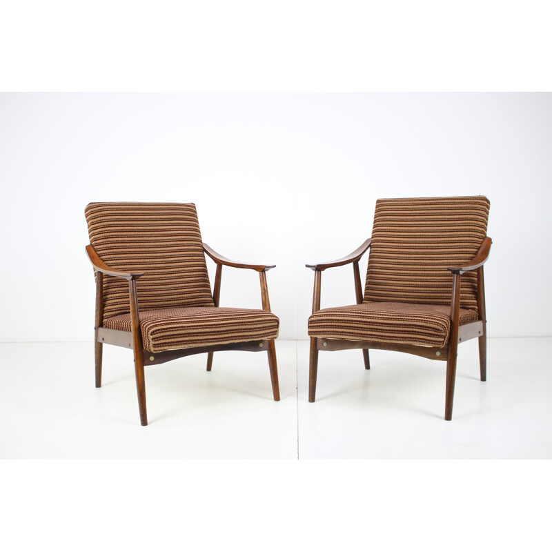 Pair of mid-century wood and fabric armchairs, Czechoslovakia 1960s