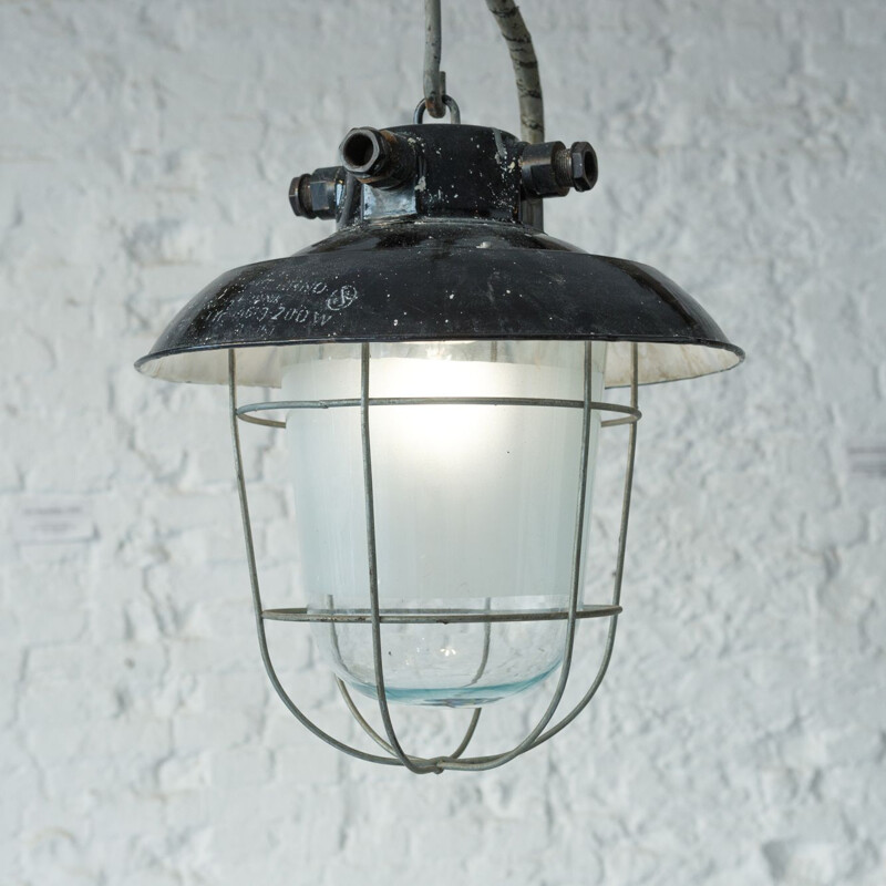 Vintage enamelled suspension lamp with glass globe, Czechoslovakia 1950