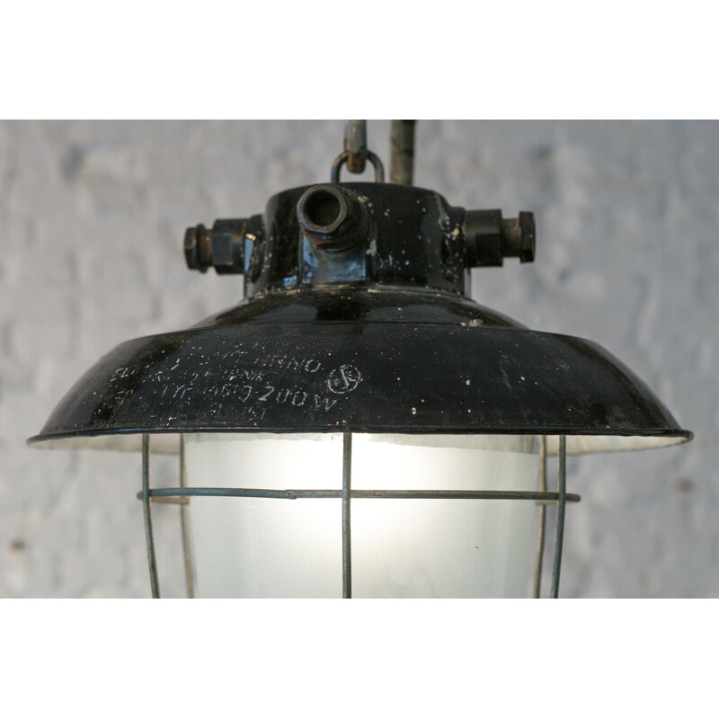 Vintage enamelled suspension lamp with glass globe, Czechoslovakia 1950