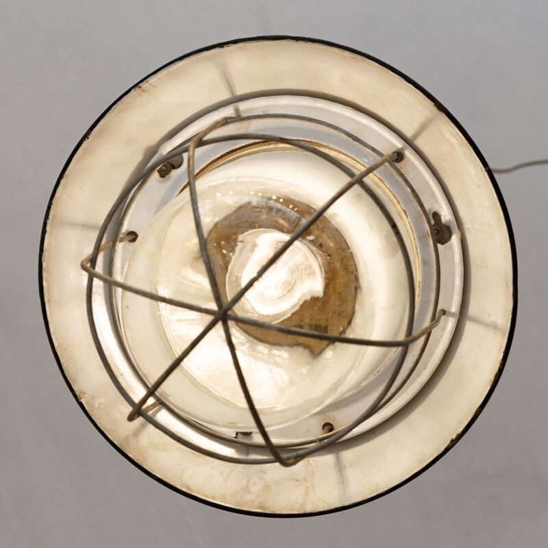 Vintage enamelled suspension lamp with glass globe, Czechoslovakia 1950