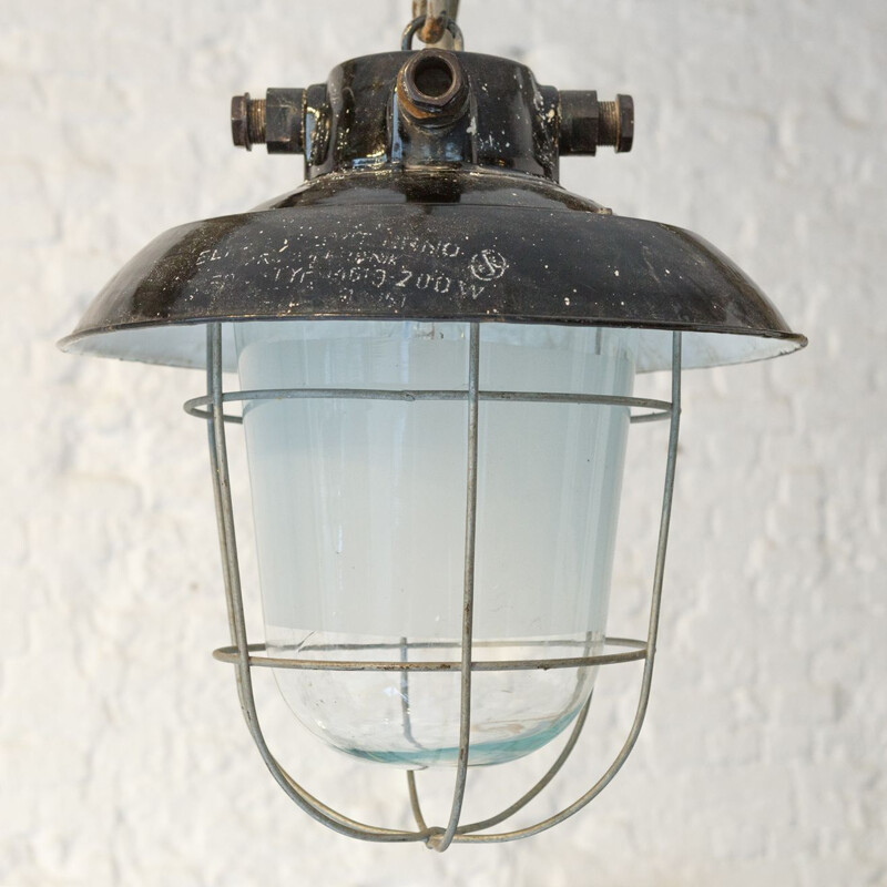 Vintage enamelled suspension lamp with glass globe, Czechoslovakia 1950