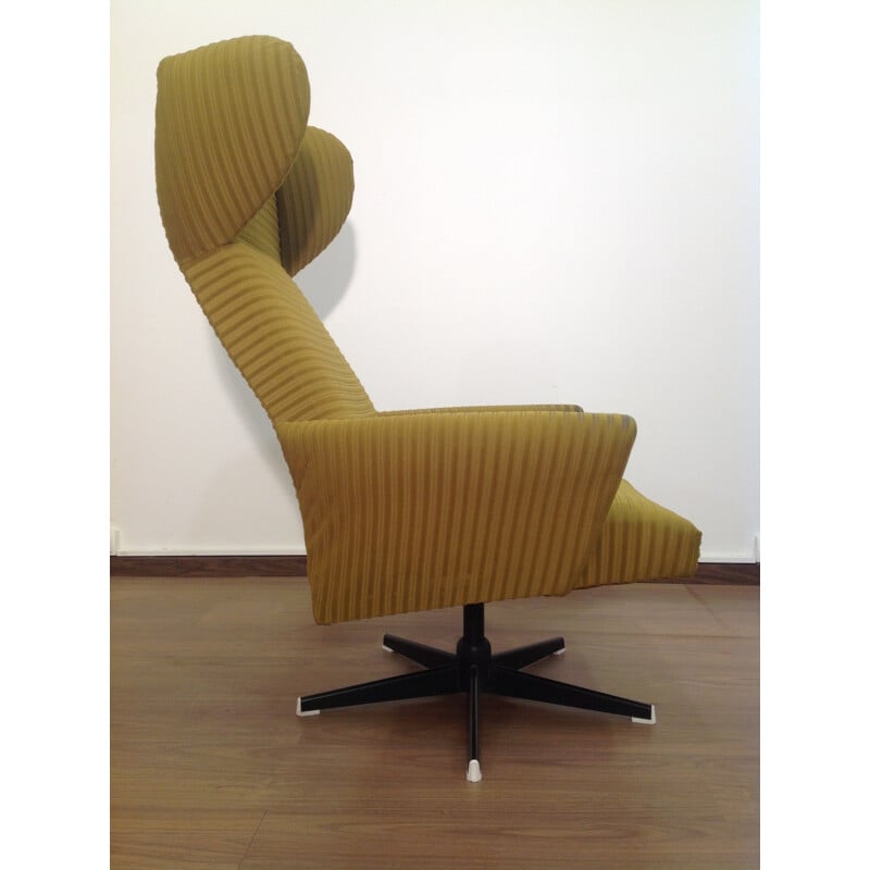 Vintage swivel armchair in yellow velvet with high back, Czechoslovakia 1980