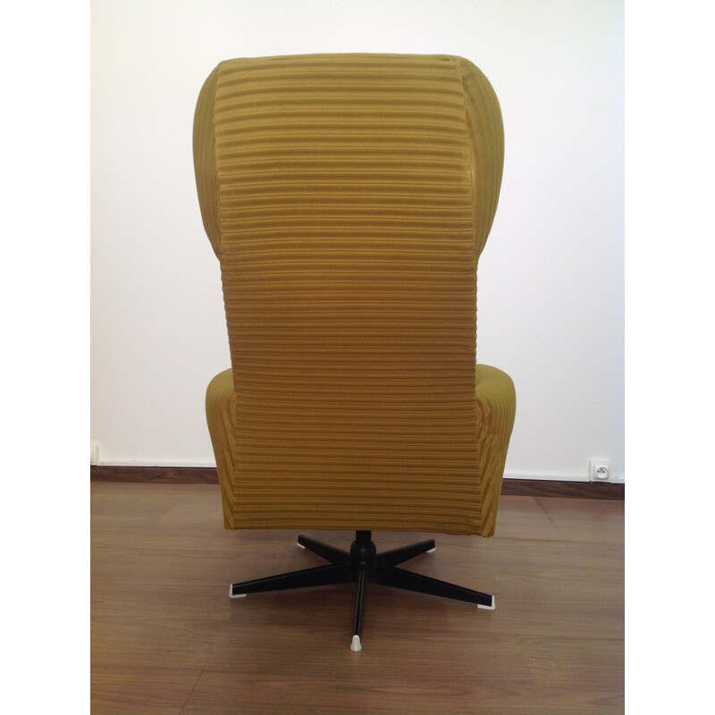 Vintage swivel armchair in yellow velvet with high back, Czechoslovakia 1980