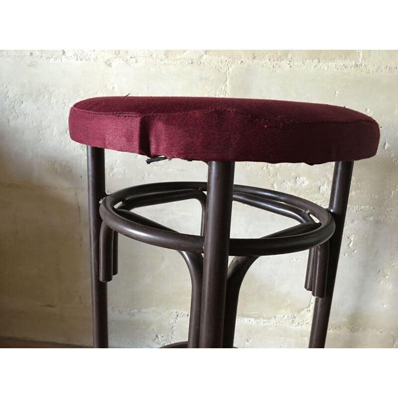 Ensemble de 3 tabourets de bar en métal et velours pourpre - 1960