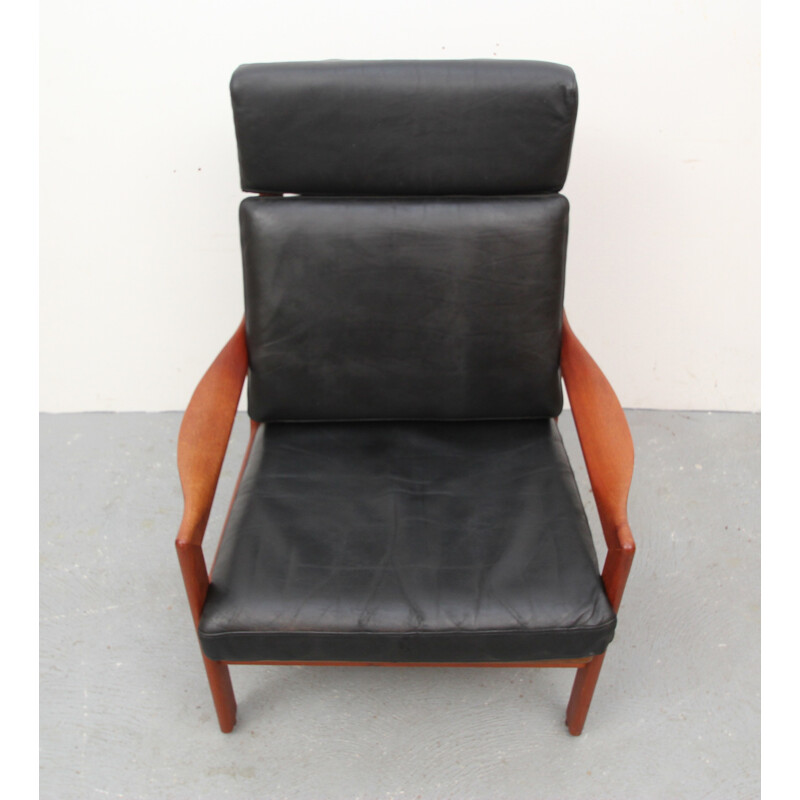 Niels Eilersen high back chair in black leather, Illum WIKKELSO - 1960s