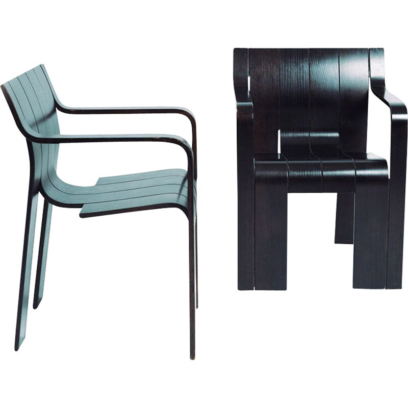 Pair of vintage brown black stackable armchairs by Gijs Bakker for Castelijn, 1961