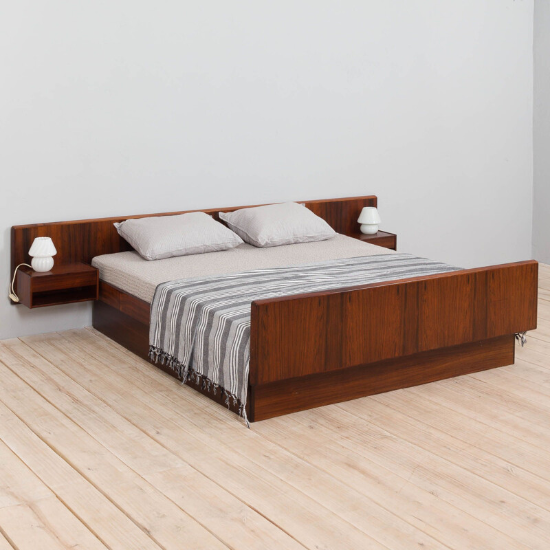 Mid century Danish rosewood bed with floating night stands, Denmark 1960s