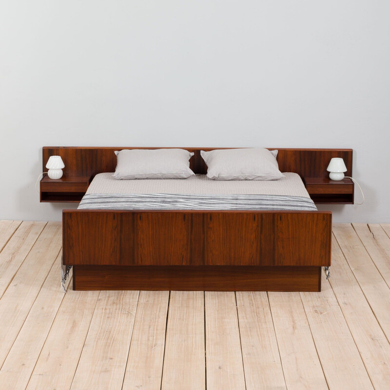 Mid century Danish rosewood bed with floating night stands, Denmark 1960s