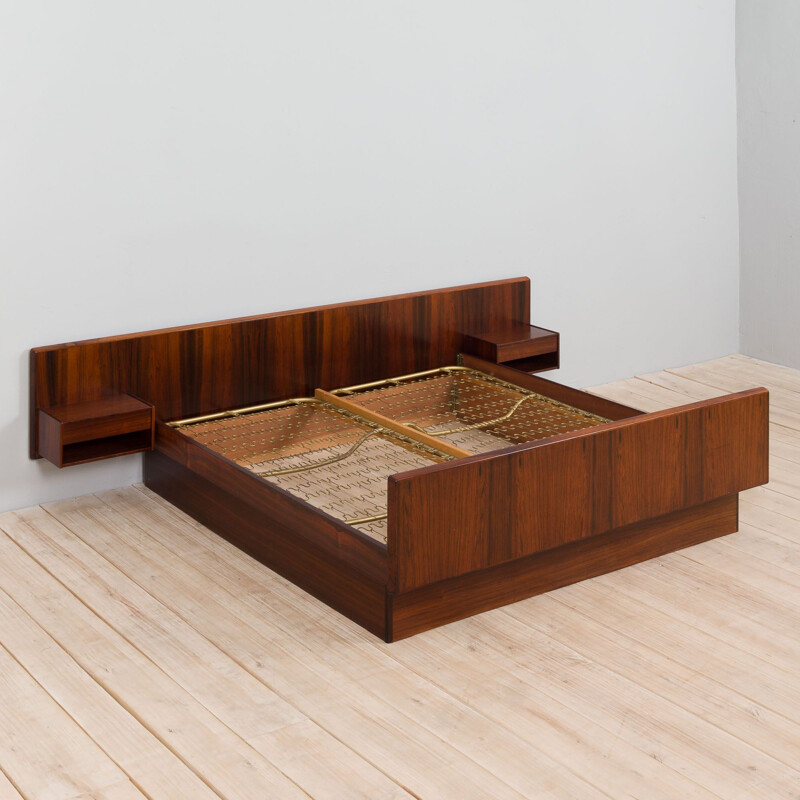 Mid century Danish rosewood bed with floating night stands, Denmark 1960s