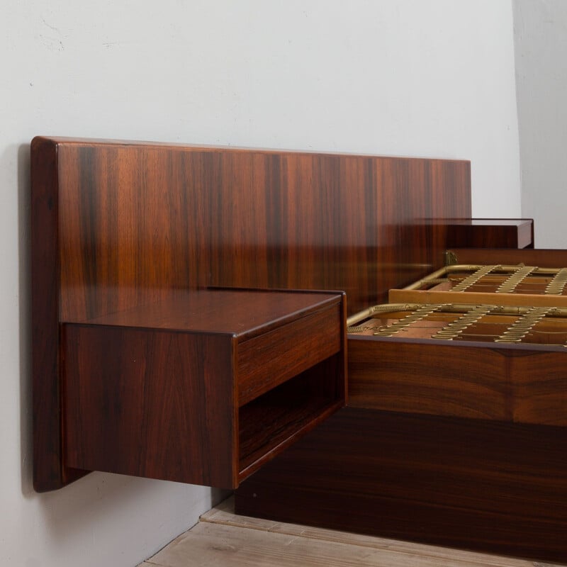 Mid century Danish rosewood bed with floating night stands, Denmark 1960s