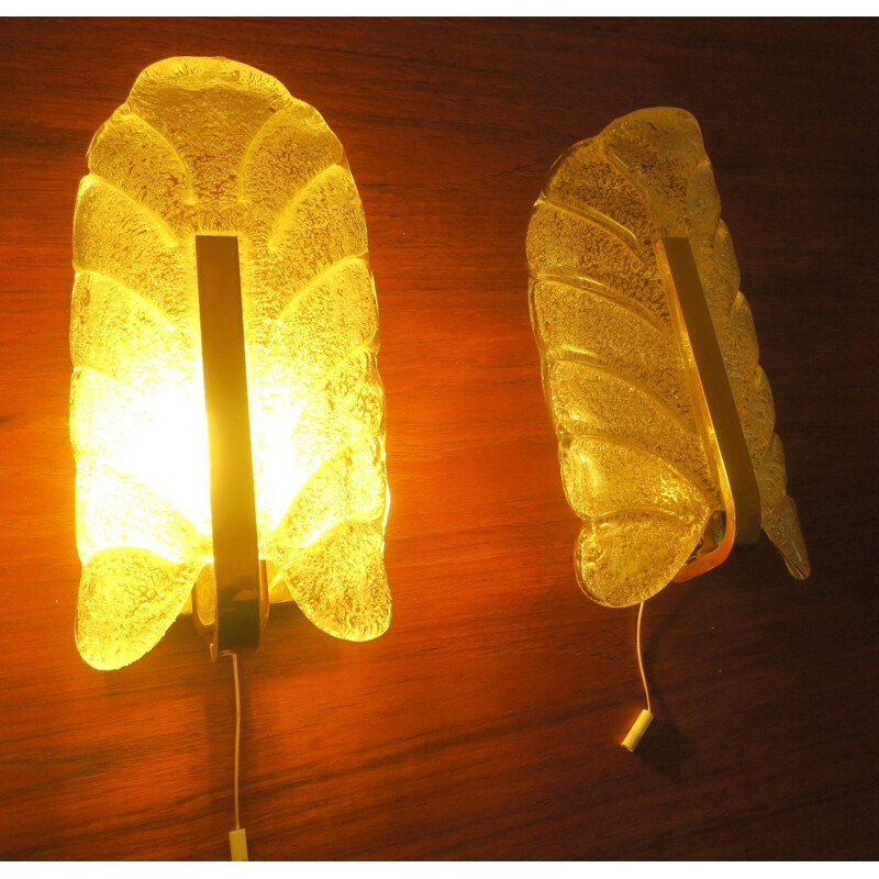Pair of vintage brass and glass wall lamps by Carl Fagerlund for Orrefors, Sweden 1960s