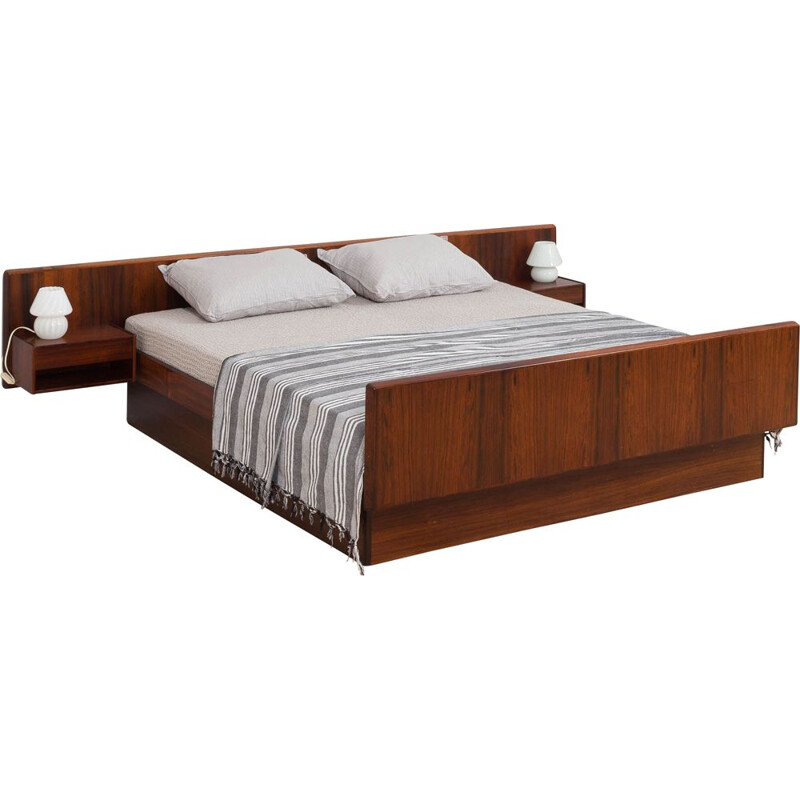 Mid century Danish rosewood bed with floating night stands, Denmark 1960s