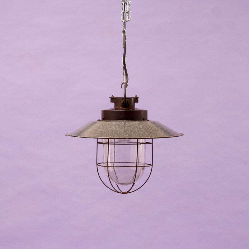 Large industrial hanging lamp in grey enamelled metal - 1940s
