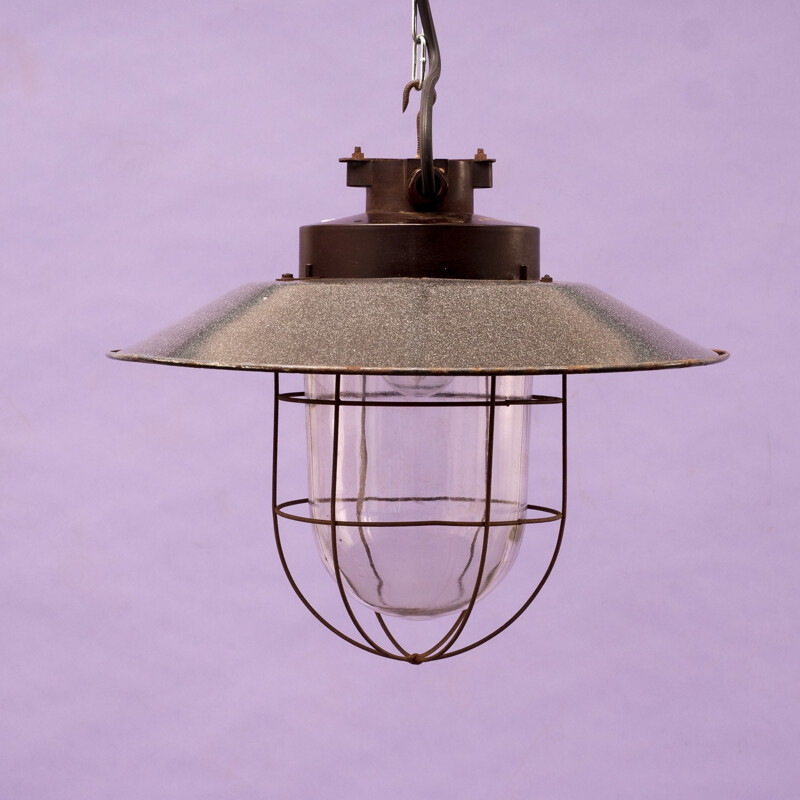 Large industrial hanging lamp in grey enamelled metal - 1940s