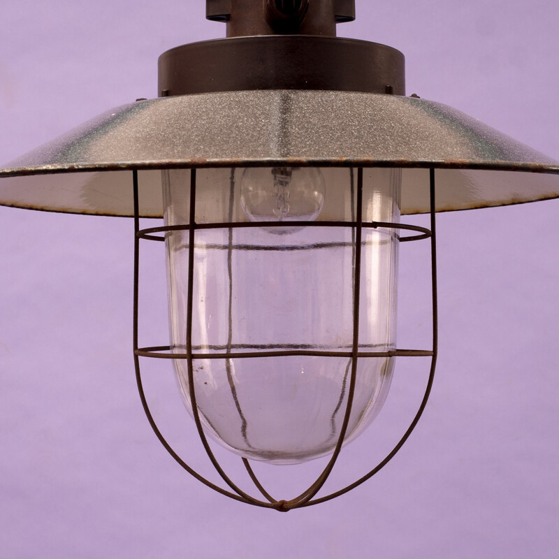 Large industrial hanging lamp in grey enamelled metal - 1940s