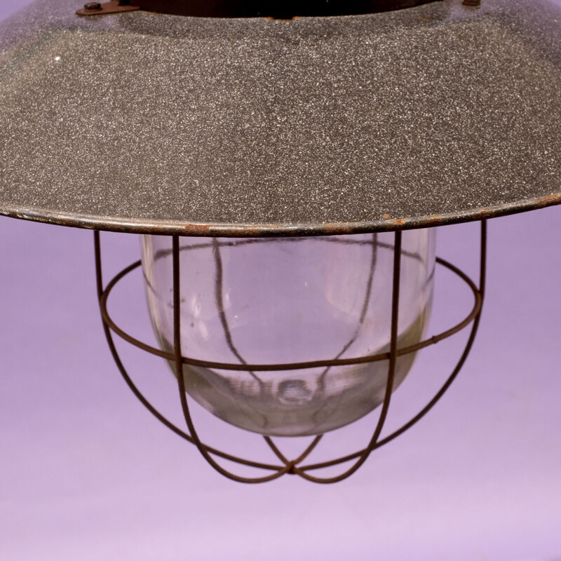 Large industrial hanging lamp in grey enamelled metal - 1940s