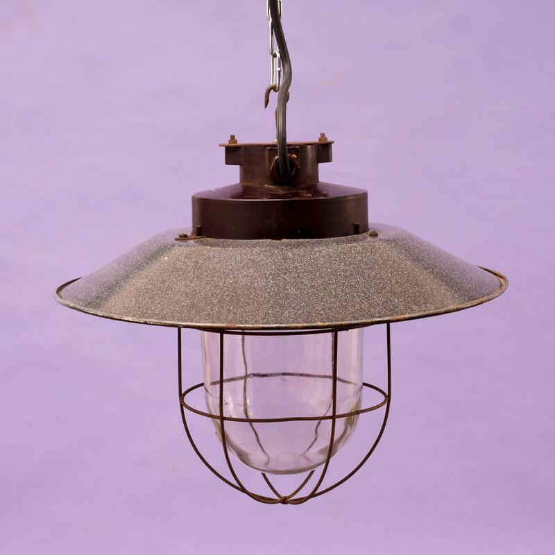 Large industrial hanging lamp in grey enamelled metal - 1940s