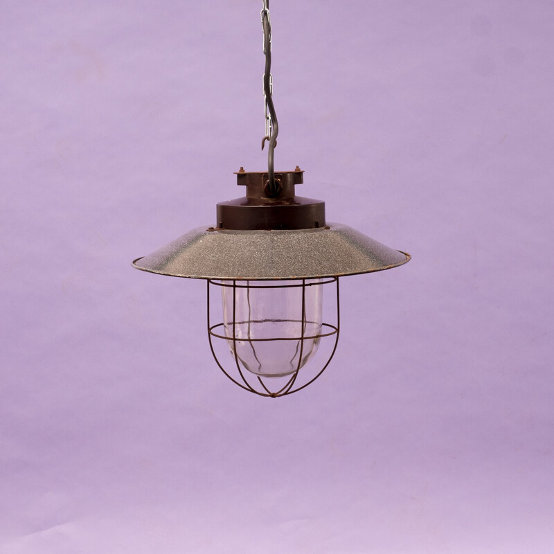 Large industrial hanging lamp in grey enamelled metal - 1940s