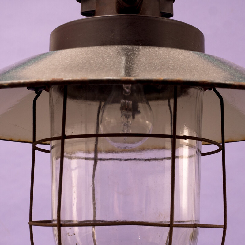 Large industrial hanging lamp in grey enamelled metal - 1940s