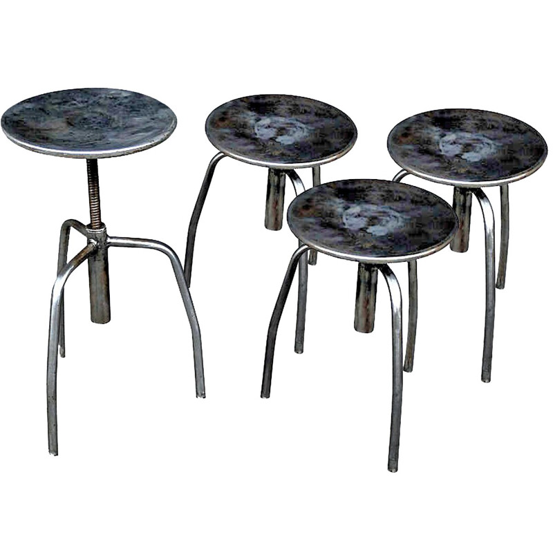 Set of 4 Polish industrial stools in metal - 1960s