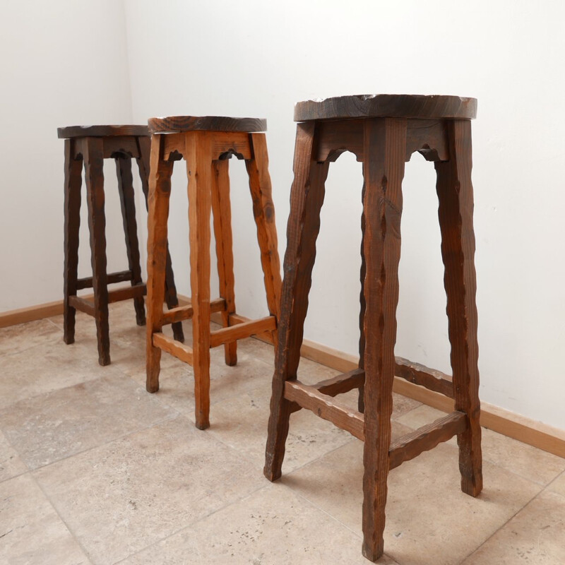Set of 3 vintage brutalist French wooden bar stools, 1970s