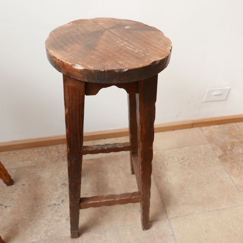 Set of 3 vintage brutalist French wooden bar stools, 1970s