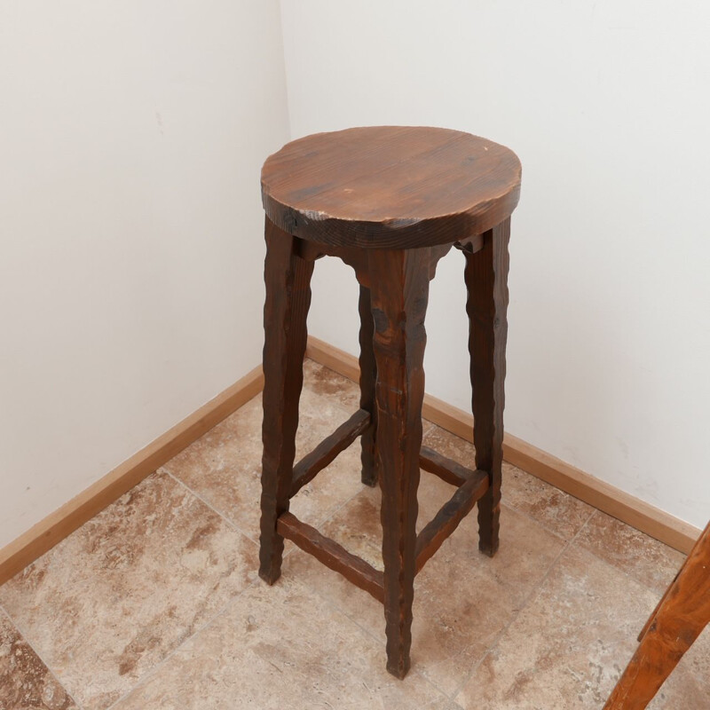 Set of 3 vintage brutalist French wooden bar stools, 1970s