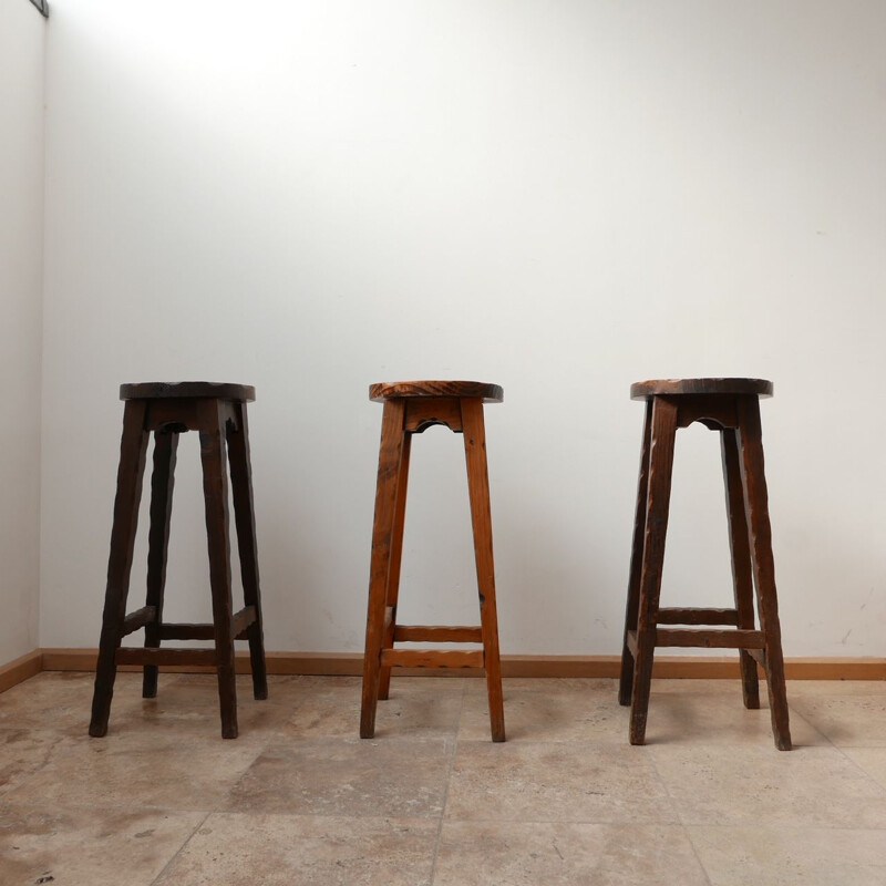 Set of 3 vintage brutalist French wooden bar stools, 1970s