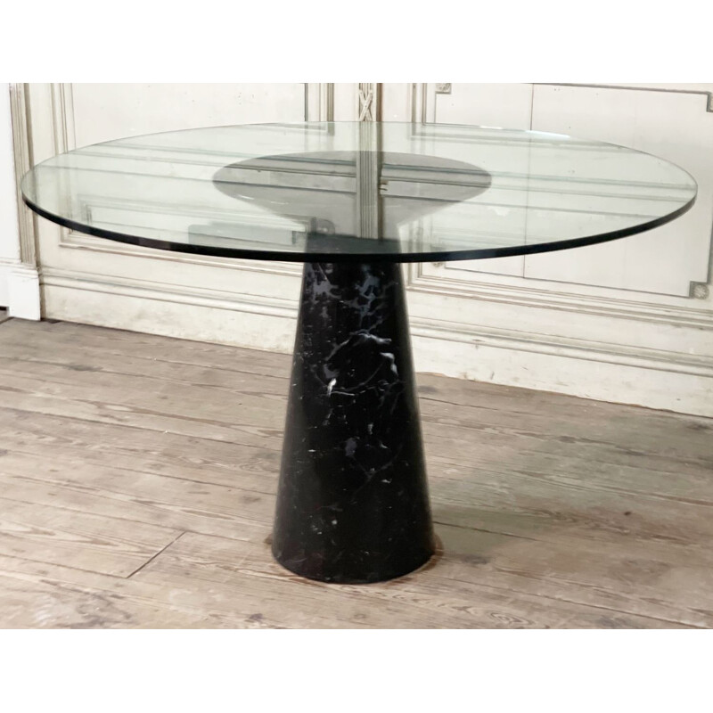 Mid-century black marble feet and glass top dining table by Angelo Mangiarotti, Italy 1970s