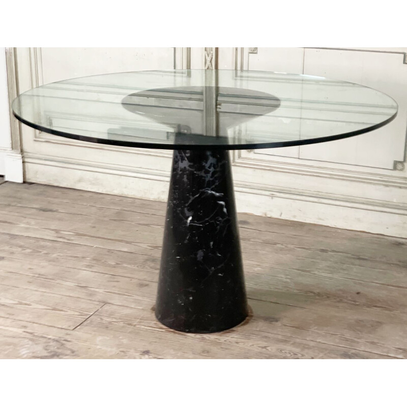 Table vintage à pieds en marbre noir et plateau en verre par Angelo Mangiarotti, Italie 1970