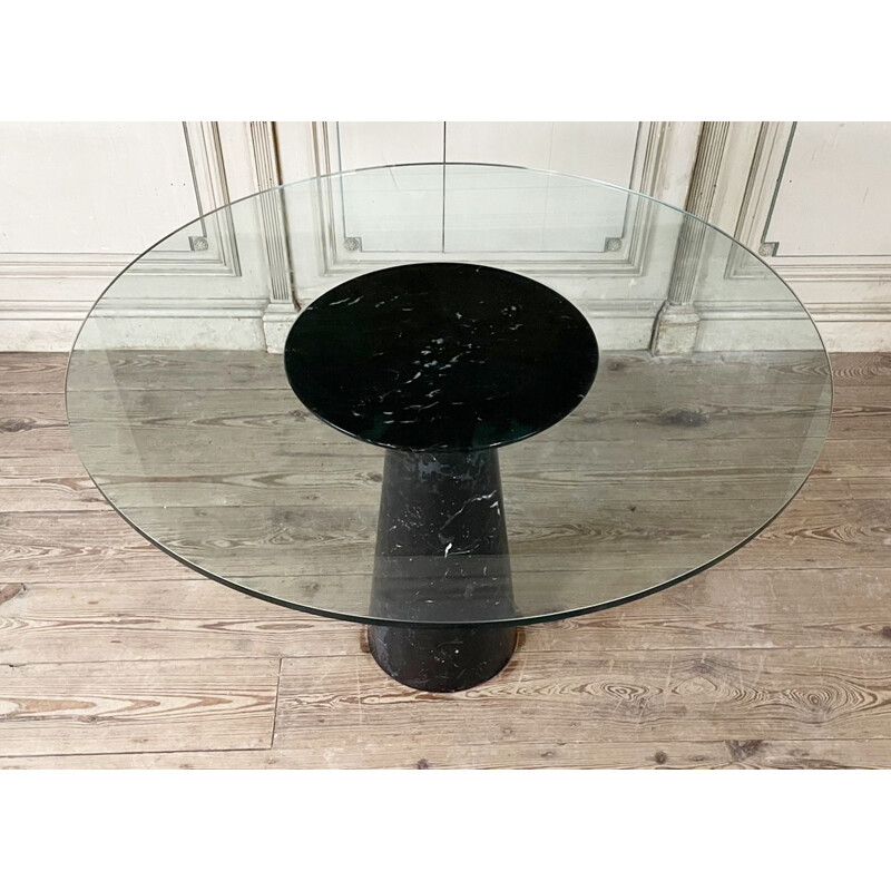 Table vintage à pieds en marbre noir et plateau en verre par Angelo Mangiarotti, Italie 1970