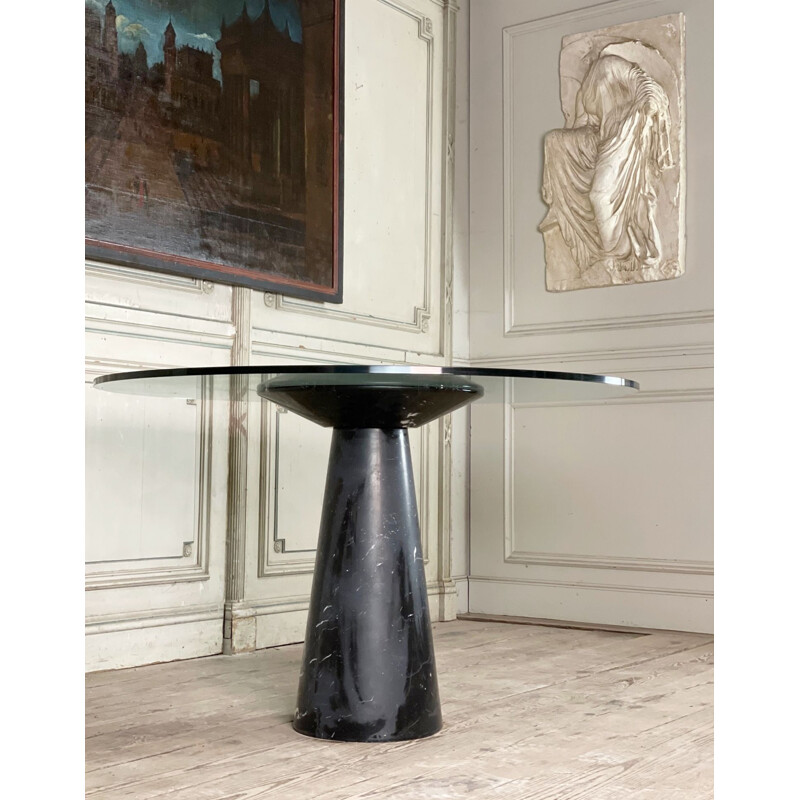 Mid-century black marble feet and glass top dining table by Angelo Mangiarotti, Italy 1970s