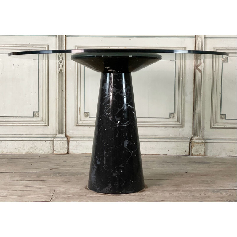 Mid-century black marble feet and glass top dining table by Angelo Mangiarotti, Italy 1970s