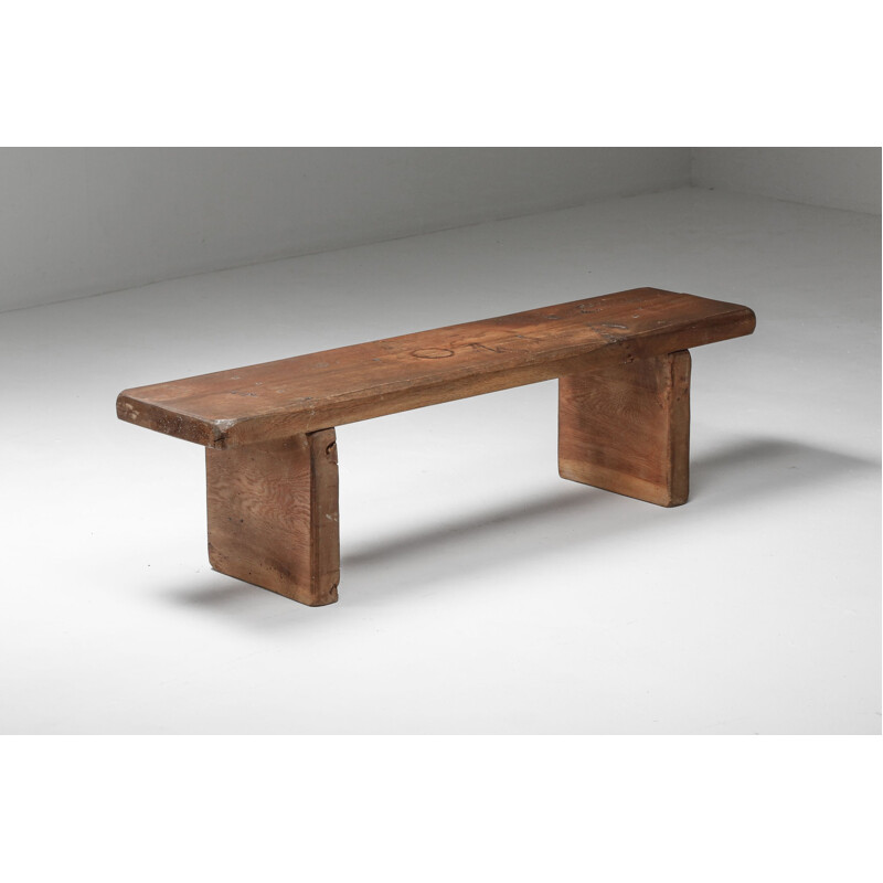 Banc vintage rustique Wabi-Sabi en bois de chêne avec patine charismatique, 1850