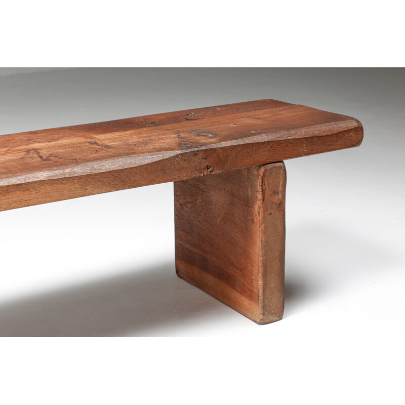 Rustic vintage Wabi-Sabi oakwood bench with charismatic patina, 1850s